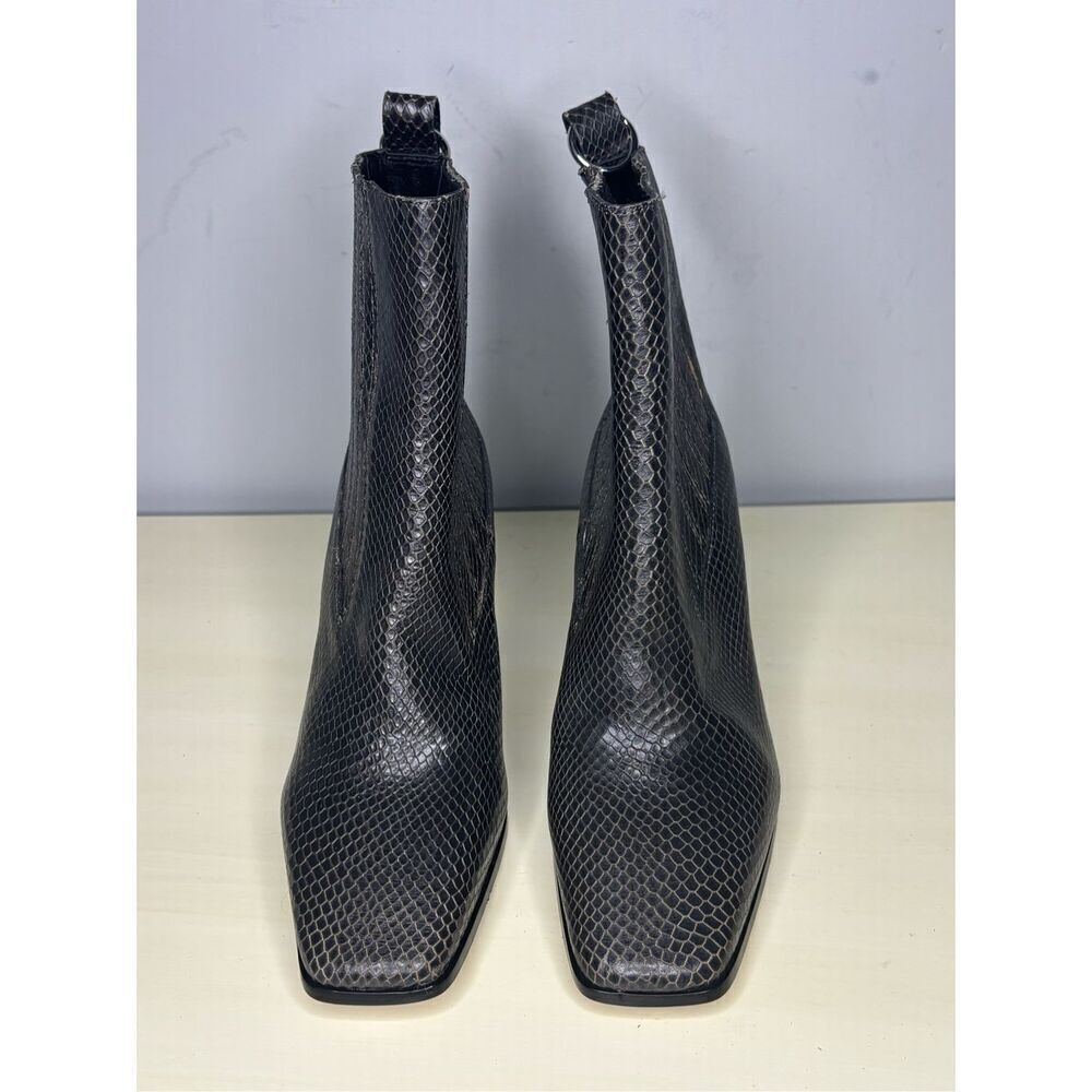 Paige Women's Frankie Square Toe Snake Embossed Leather Heeled Boot Black Sz 8.5